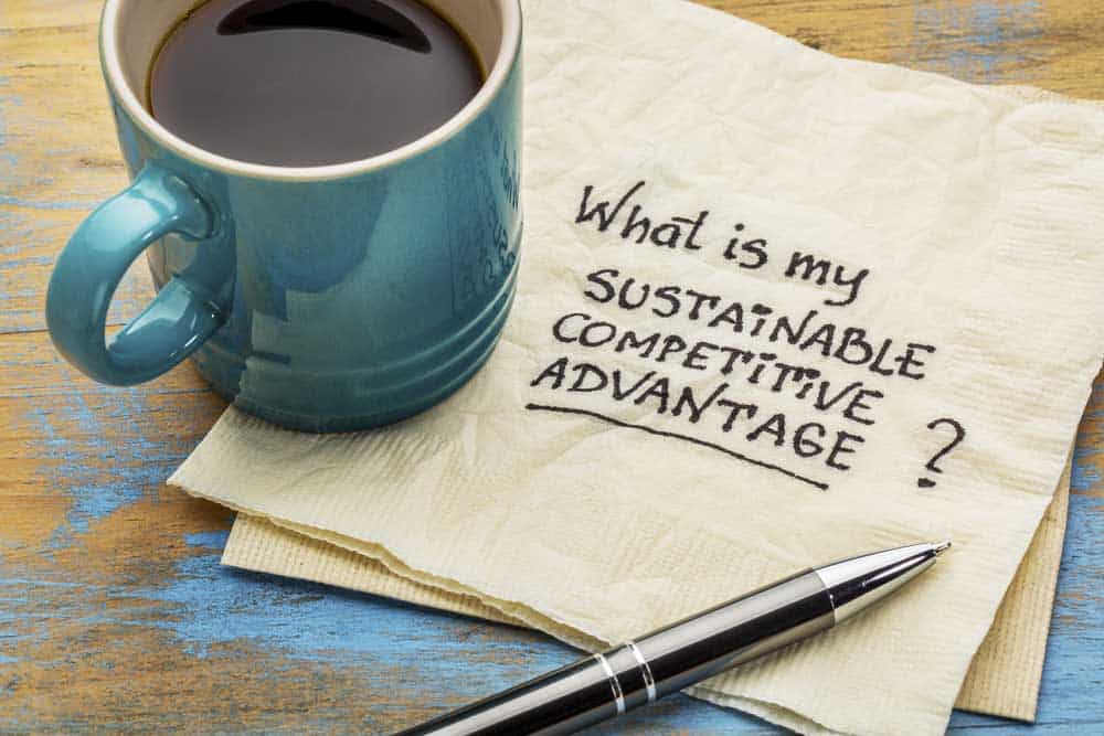 Coffee cup on top of the napkin with the sentence "What is my sustainable competitive advantage?"