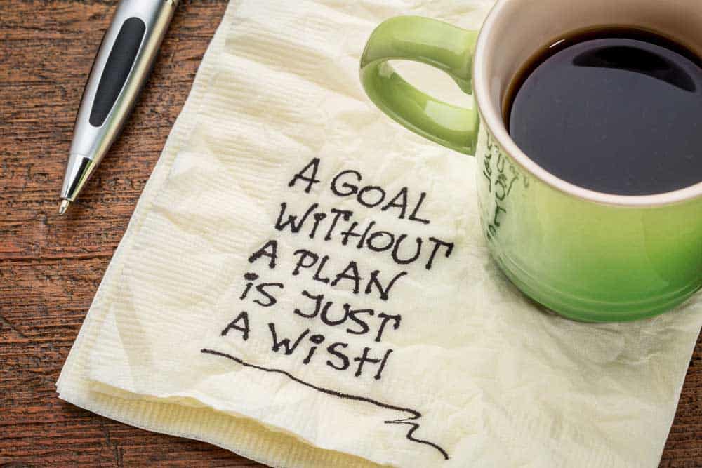 Coffee cup on a napkin with the words "A goal without a plan is just a wish"