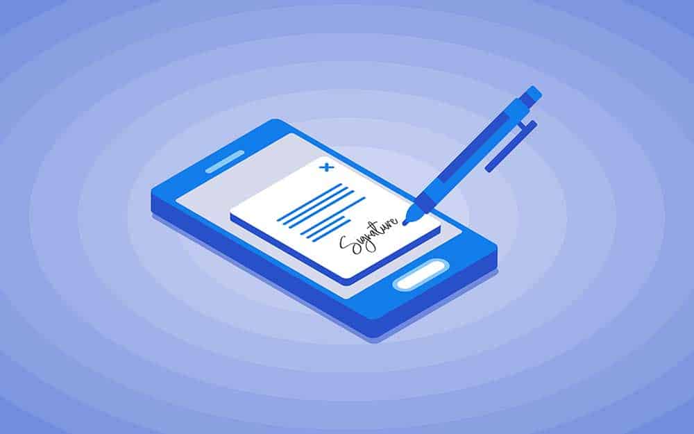 Illustration of a pen making a digital signature on a mobile device.