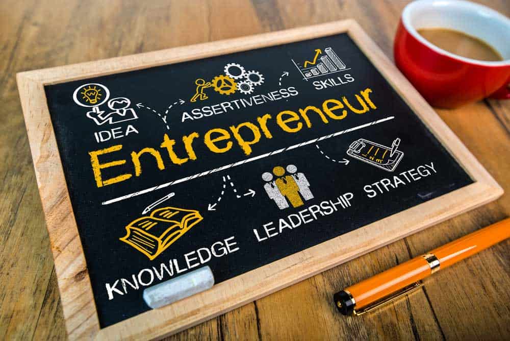A small chalk board on a table containing the words; Entrepreur, Idea, Assertiveness, Skills, Knowledge, Leadership, and Strategy.
