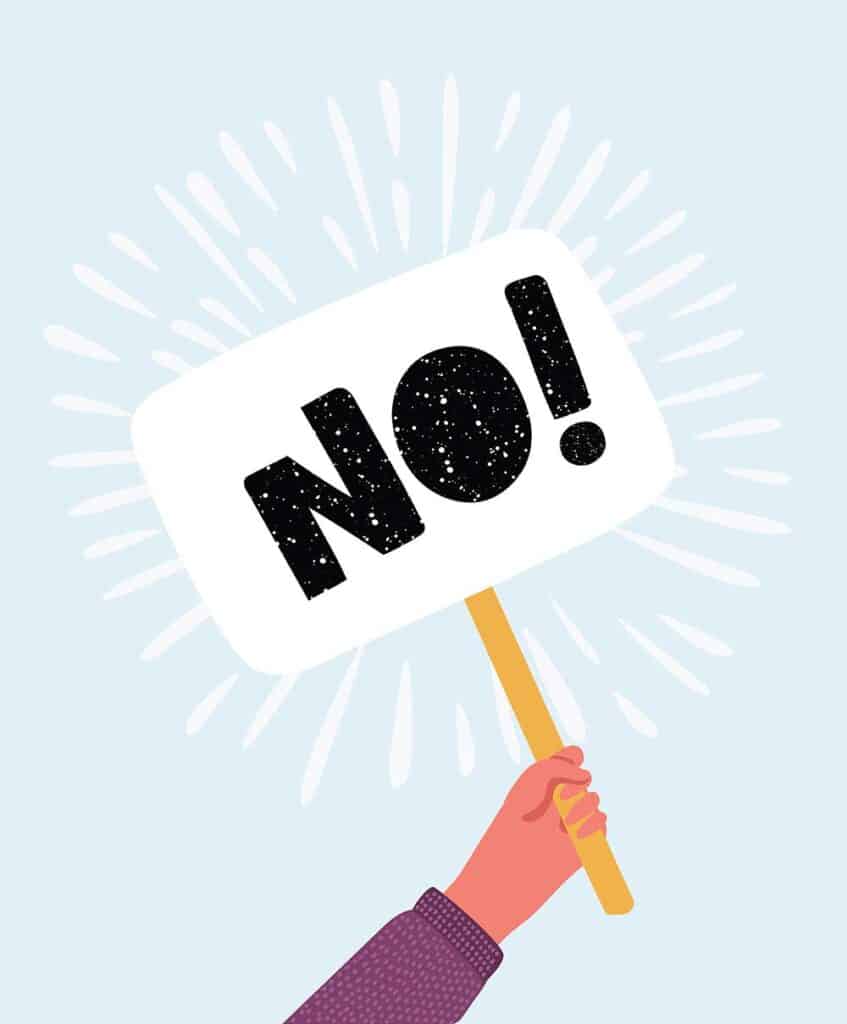 Illustration of a hand holding a sign with the word "No!".