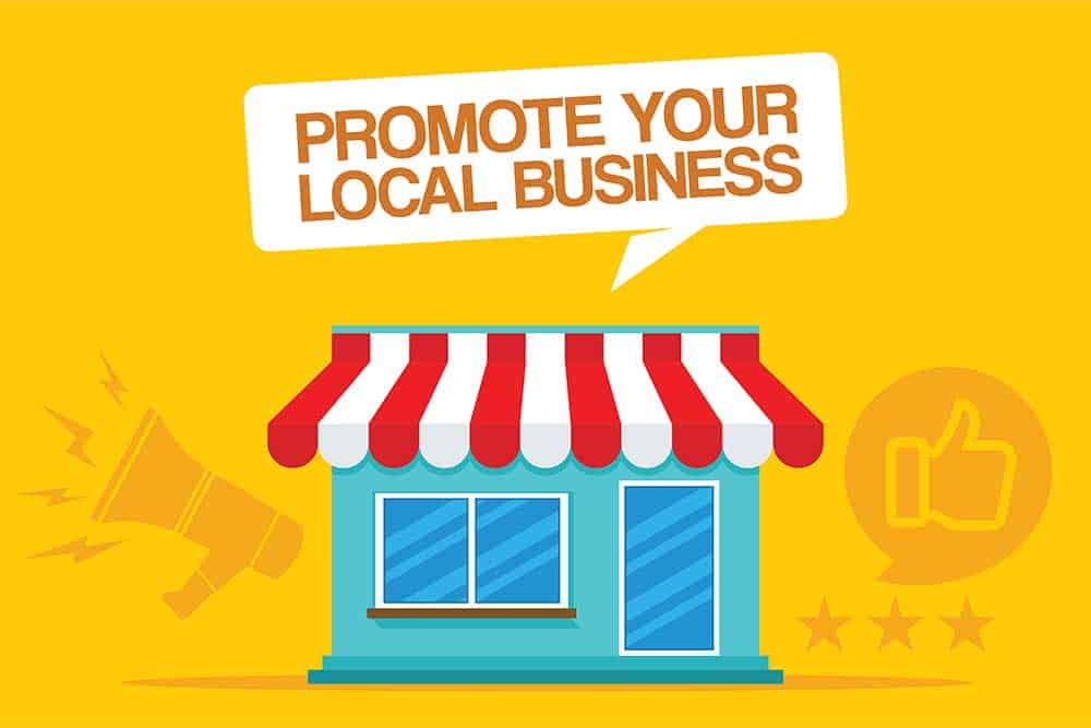 Illustration of a small shop with the words "Promote your local business".