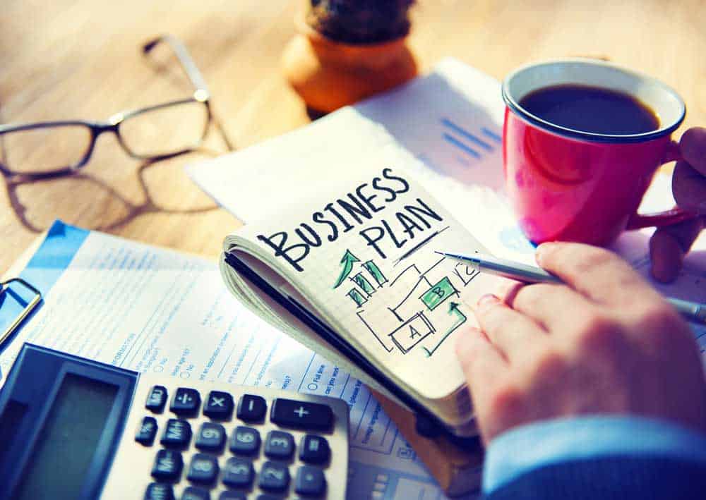 Write a business plan - Table containing a calculator, a pair of glasses, a coffee mug, and a note block with the words "Business plan".
